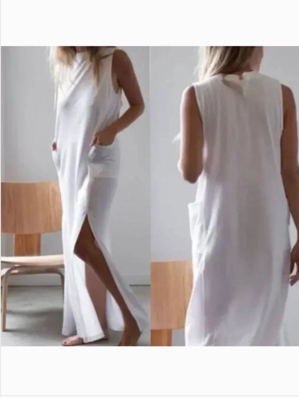 lunya cool paneled pocket sleeveless stripe sleep lounge dress maxi cotton EUC